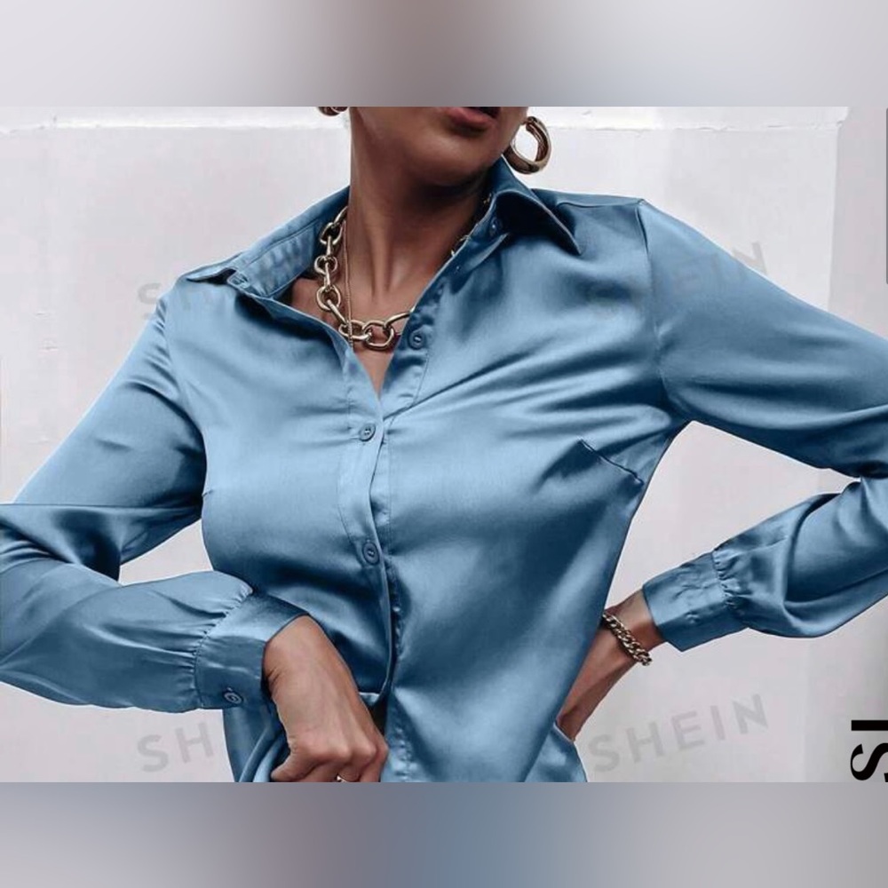 Baby Blue Business Button Front Satin Blouse
